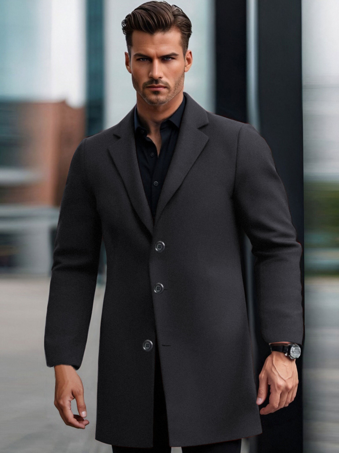 mens elegant length trench coat navy blue tweed overcoat Temu