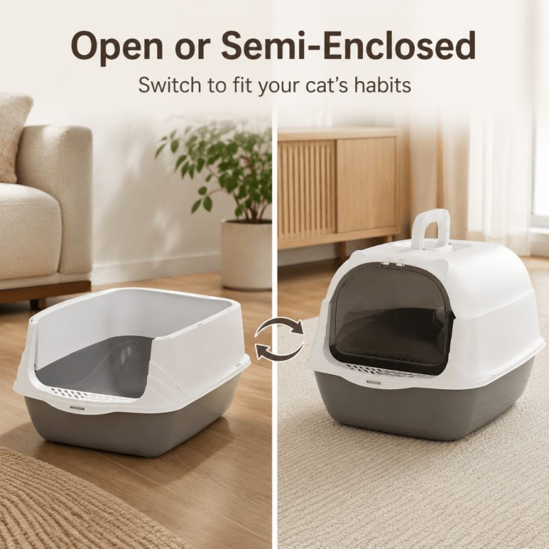 AAA+ Switchable Open/Semi-Enclosed Cat Litter Box, Extra Large Jumbo Size for Multi-Cat Households, Splash-Proof and Anti-Tracking, Dual-Mode Over-the-Top Litter Pan, Low-Entry for Easy Cleaning, Suitable for Adult and Senior Cats