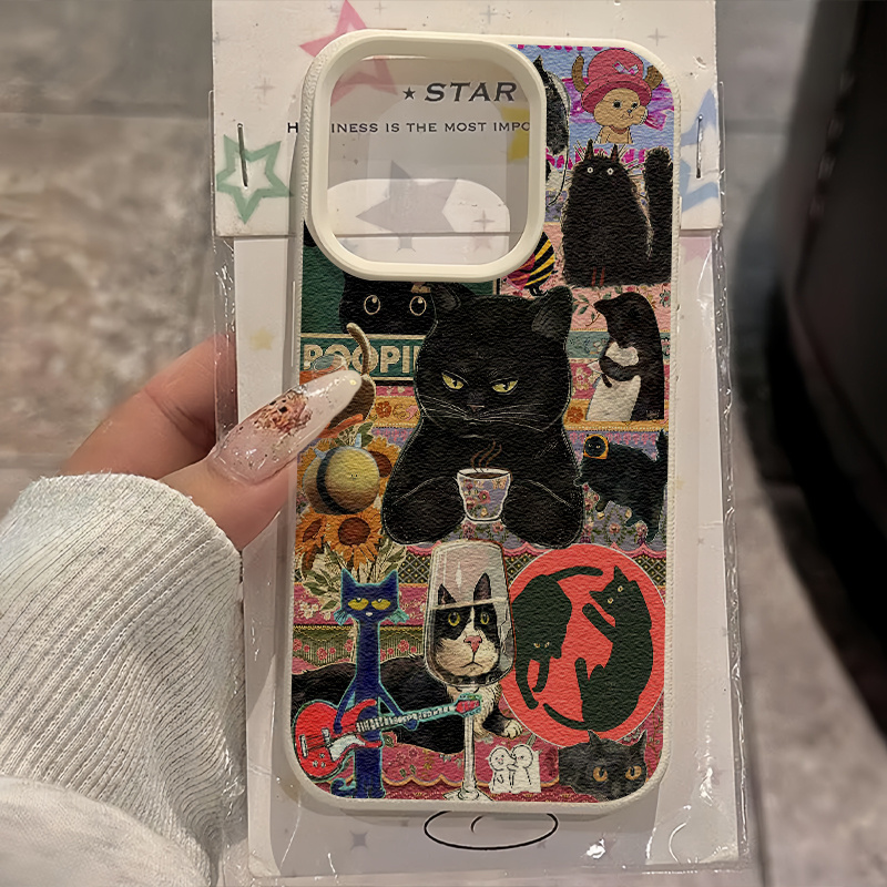 Image of Phone Case - Vintage Collage Black Cat Phone Case, Soft Frame And Lychee Texture Back, Large Camera Cutout, Raised , Anti-slip And Shock-absorbent, Cute Gift For Family, , And Cat Enthusiasts