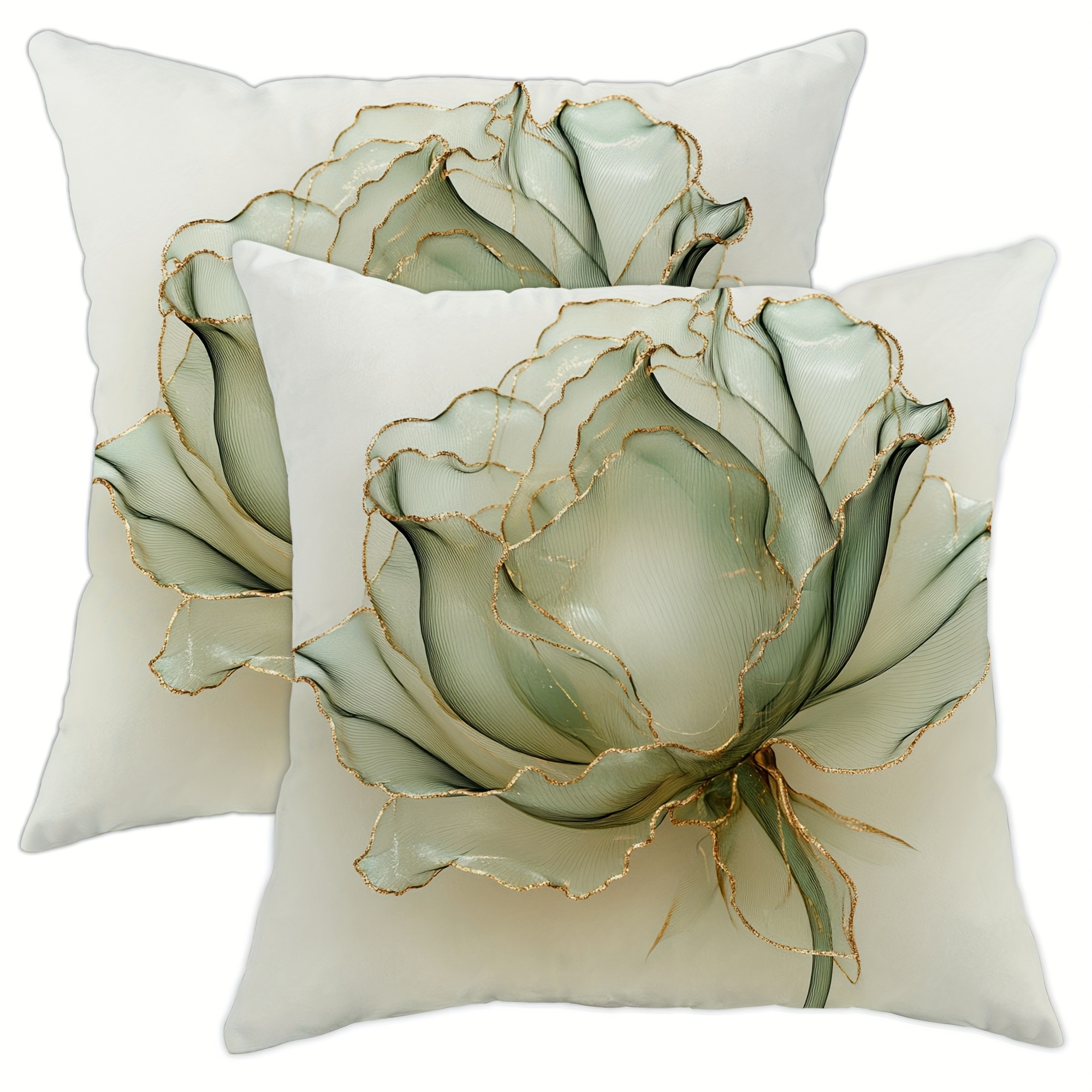 TEMU 2pcs Elegant Green Rose Cushions, With Golden, Blooming Amidst , Showcasing The Of Spring. Pillow Inserts Not Included, Decorative Cushions,