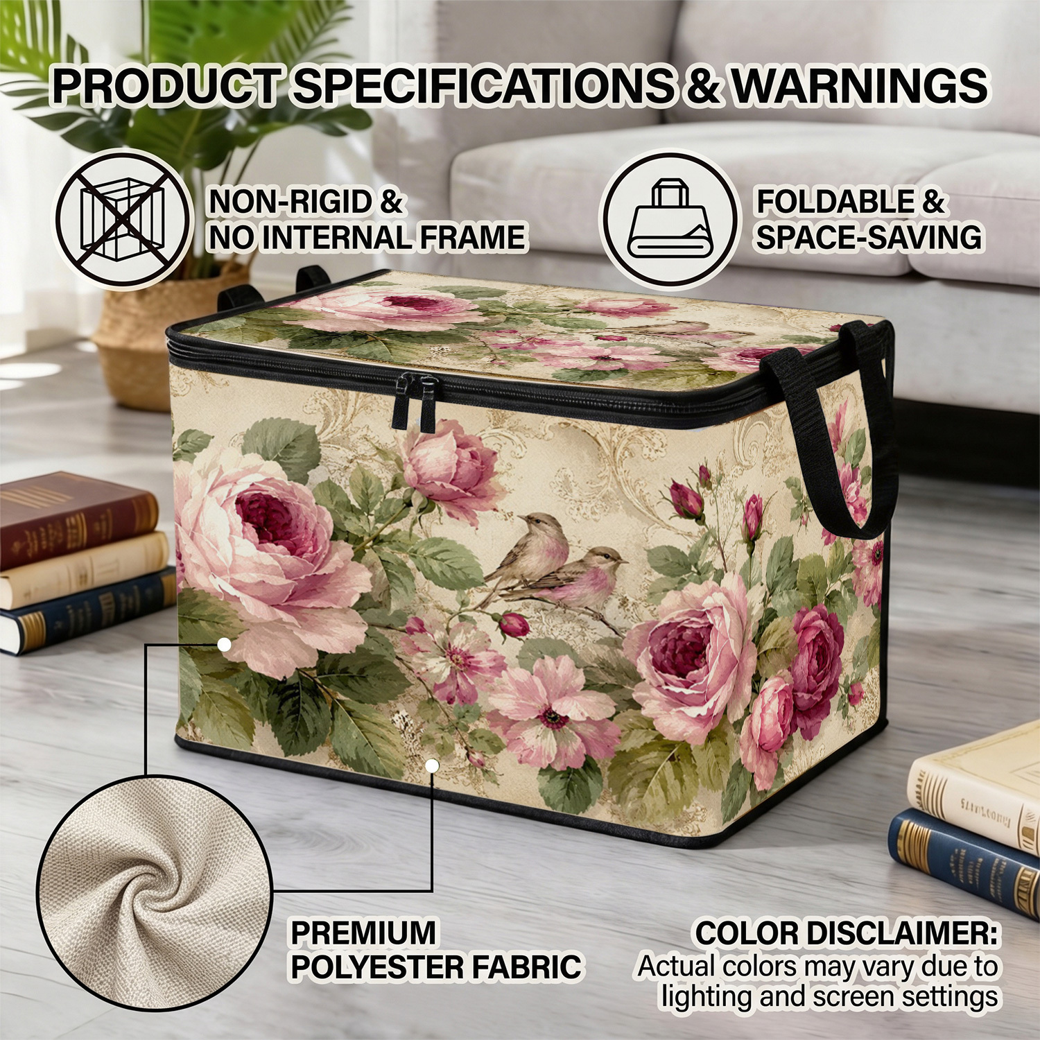 TEMU 1pc Vintage Oil Painting Pink Rose Under-bed Storage Box With Lid Suitable For Bedside, Non- Fabric Suitable For Bed Frame, Layered Floral For