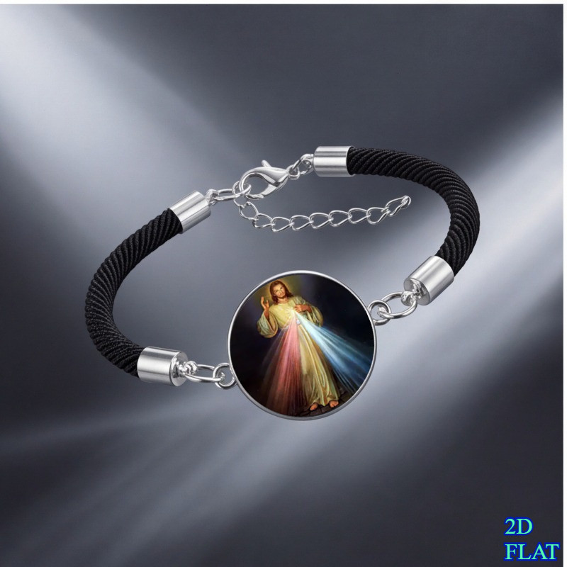 TEMU Plat 2D, Bracelet Divine Miséricorde Jésus en Corde Noire Plat 2D, Bijou de Foi Religieux Unisexe Cadeau pour Noël, , Pâques, Thanksgiving,
