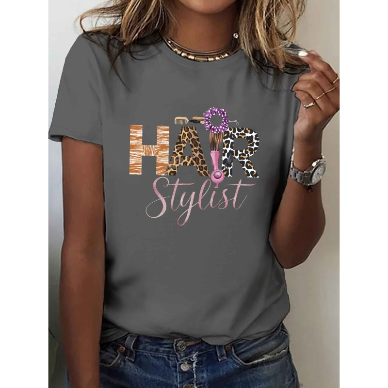 

Women's Casual Crew Neck T-shirt With Geometric Animal Print, Polyester 95% Spandex 5% Knit Fabric, Short Sleeve Top For All , 180gsm - Stylish Hair Stylist Graphic Tee