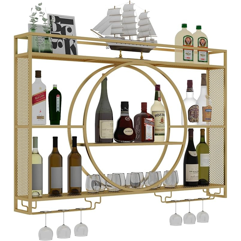 Image of Golden 120cm Wall-mounted Wine Rack, Contemporary Metal Wine Shelves, Wine Storage With Glass Holder, Versatile Wall-mounted Wine Racks, Circular Wine Cabinet For Homes And Bars