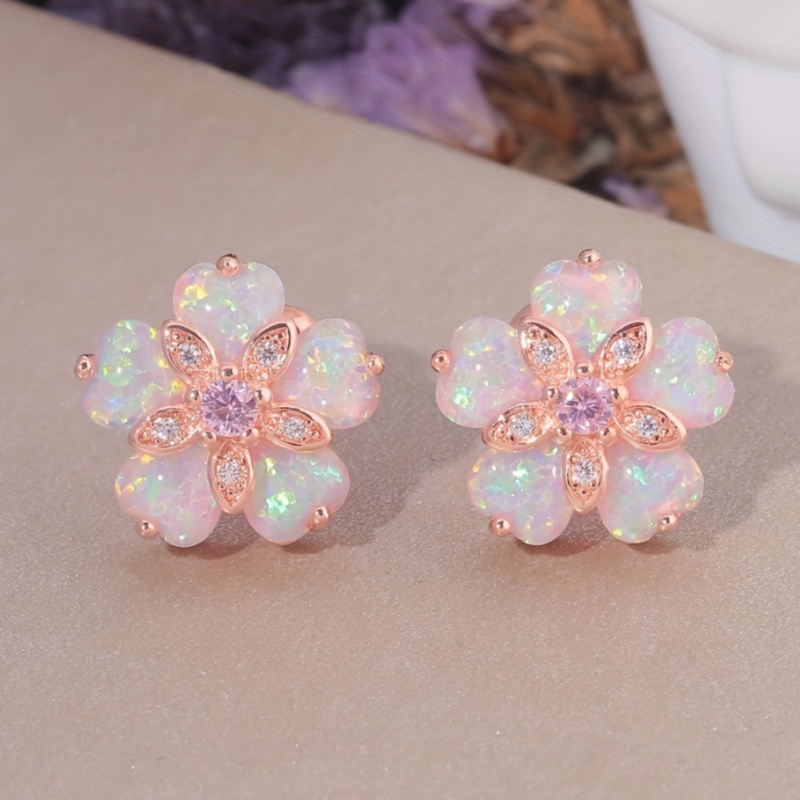 TEMU Exquisite Inlay Zirconia Flower Stud Earrings For Women Vacation Casual Elegant Heart Synthetic Opal Earrings Jewelry Gift
