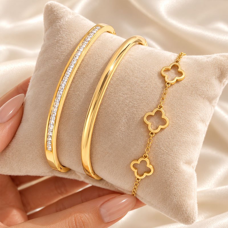 Elegant 3pcs Handmade Gift Set, Golden Stackable & Smooth Bracelets