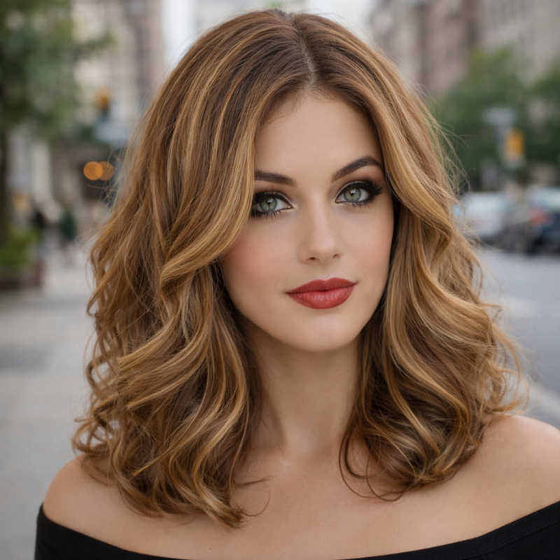 TEMU 16-inch Layered Wavy Wig, Suitable For Tones. Featuring With Light Brown Base And Highlights. With Lace Front Base For Texture And Hairline