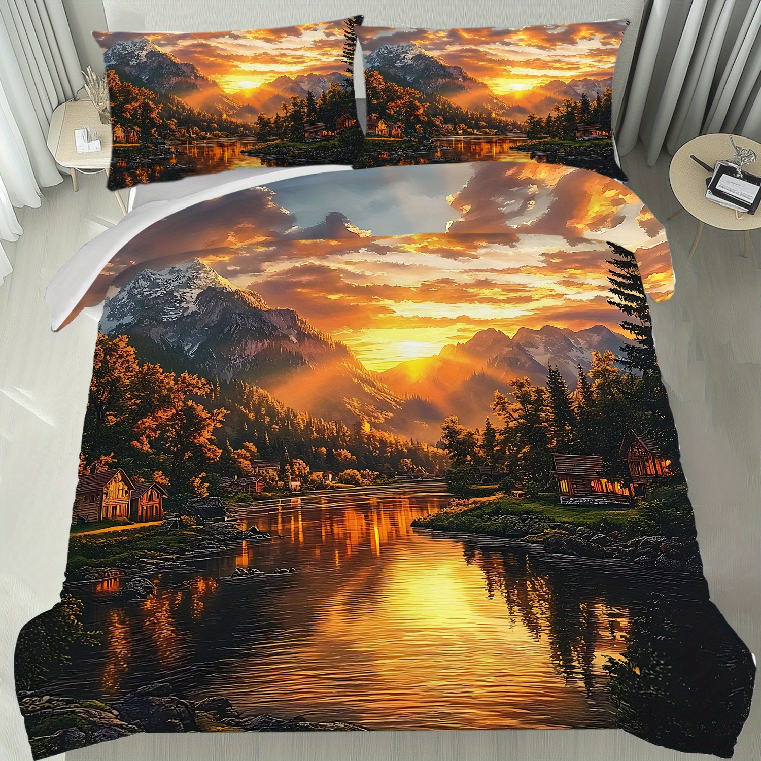 TEMU 2/3pcs Alpine Sunset Landscape On A Lake With Cabin Duvet Cover, Scenery Bedding Set, Colors Create A And Inviting Atmosphere, Bedding Set With