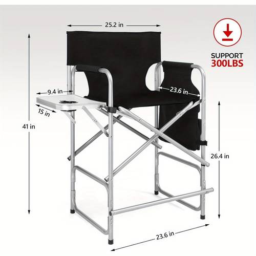 chaise de directeur haute de 66 cm de , pliable, de charge de 120 kg, avec table latérale pliable à 90°, poche latérale et -pieds, chaise de camping pliable pour cosmétique, studio photo, prises de vue air et camping, noir