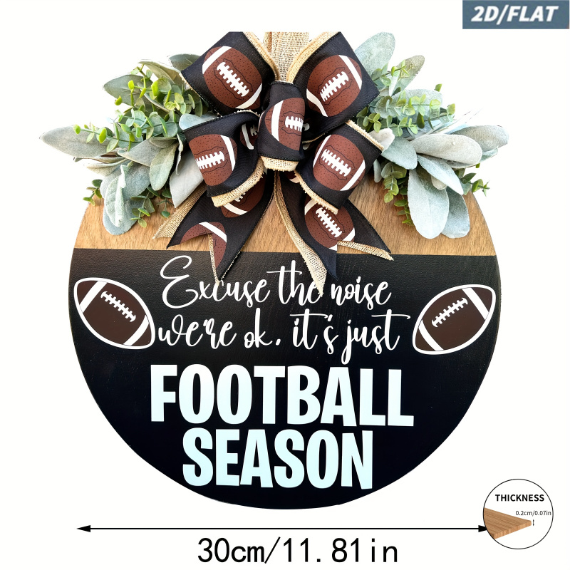 TEMU 2d Flat, 1pc 2d Flat/football Season Wreath - "please " Rustic Wooden Door Hanger With Burlap Bow, Eucalyptus Leaves, And Soccer Ball Decor,