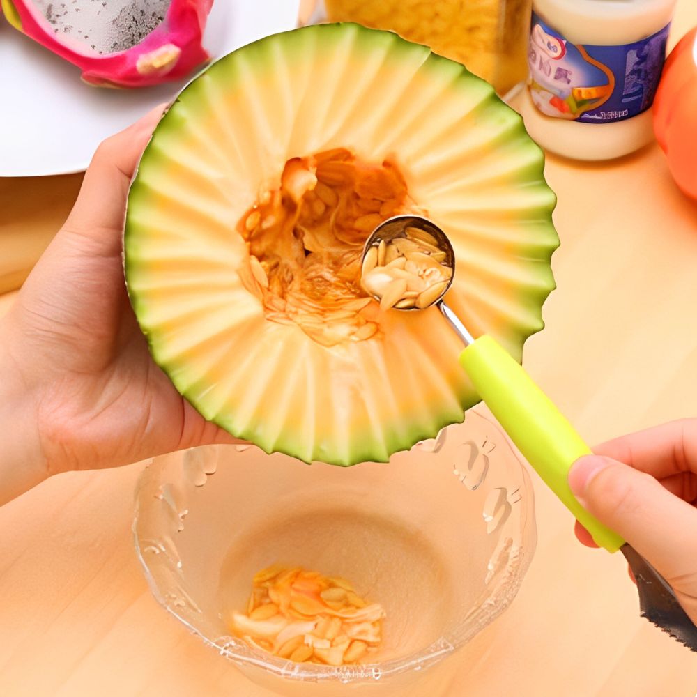 TEMU 1 pieza Cuchara de acero inoxidable de punta para tallar frutas, verde/rosa/azul, cucharón para helado, de ondas para ensalada y postre DIY,