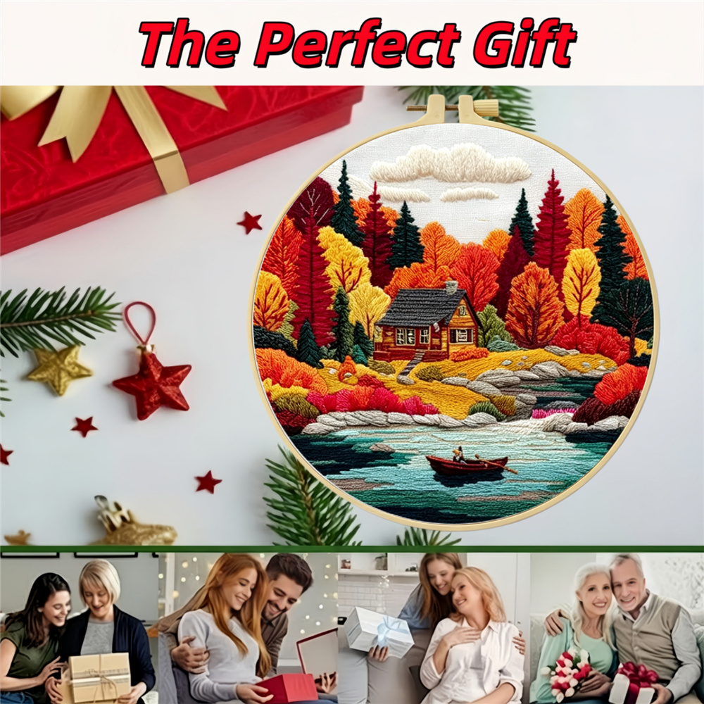 Embroidery Kit, Autumn Lakeside Cabin Design