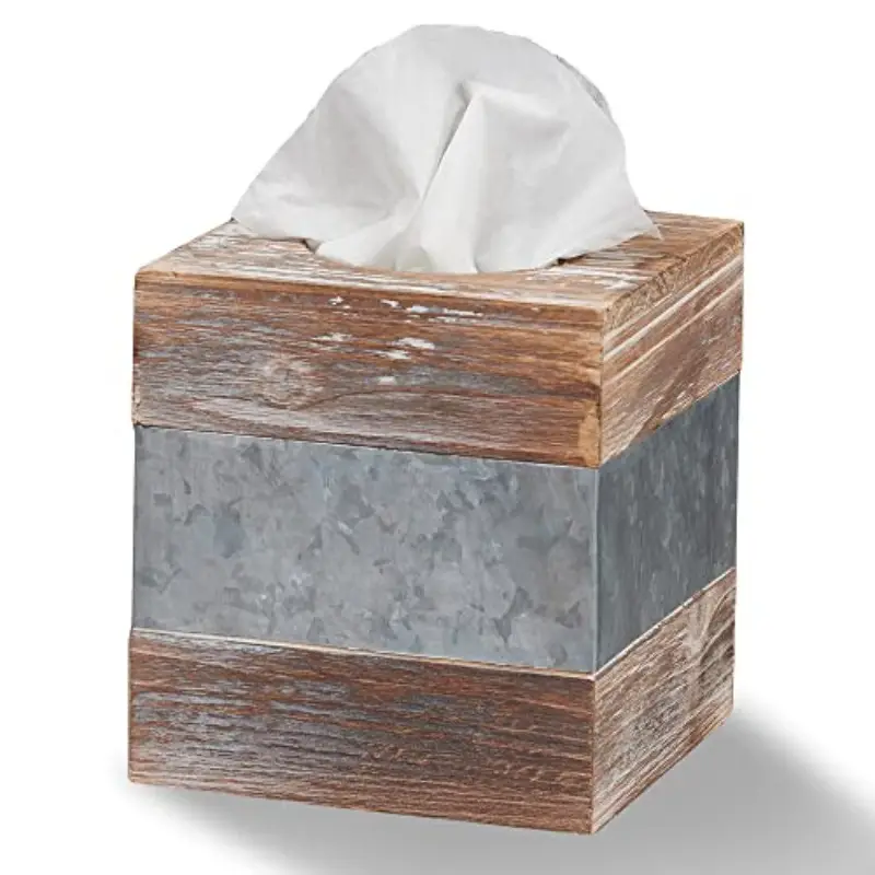 rustic metal & square tissue box cover - farmhouse bathroom decor with antique , 6x6x6 inch decorative holder for tissues, country home décor, sturdy metal frame & wood , space-saving tissue dispenser for living room, bedroom, or bathroom - easy to clean, versatile storage solution, rustic charm with texture, durable metal construction, modern or vintage , tissue box with storage, bathroom tissue Product details 0