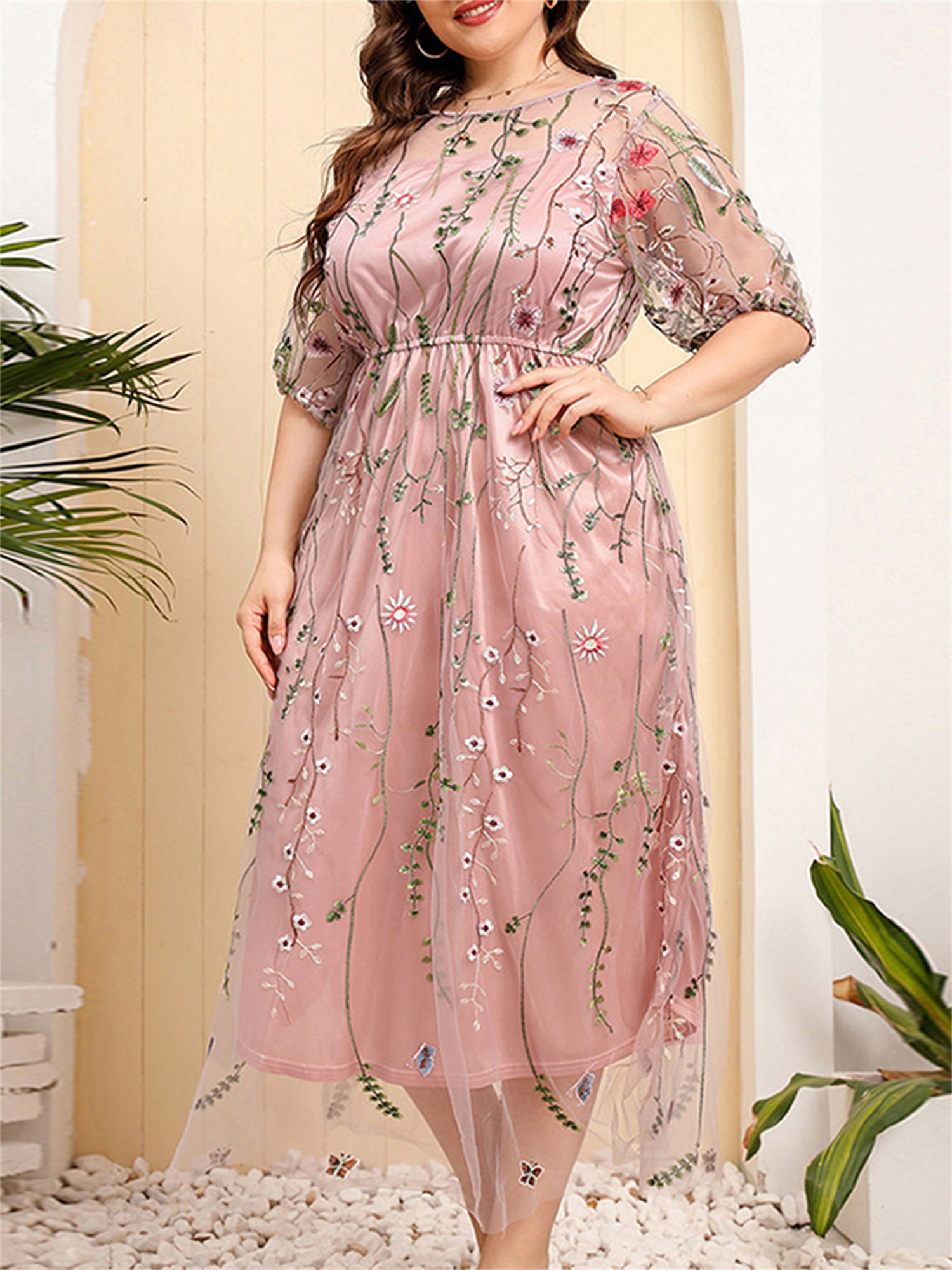 green emerald velvet dress Elegant Plus Size Sequin Leaf Embroidery Midi Dress with Sheer Sleeves
