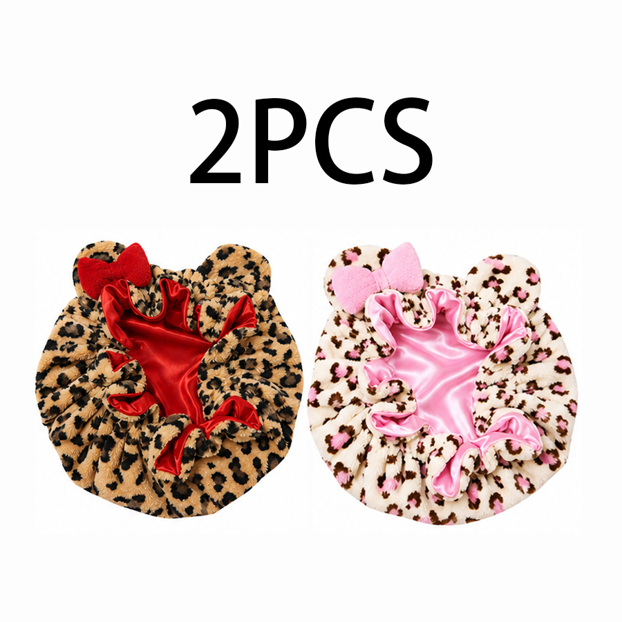 TEMU 2pcs Women's Leopard Print Hairs Bonnet Hood Set, Pink Lined Hair Wrap Caps, Soft Sleep Bonnets For Curly Hair, Braids, Natural Hair, Night Hair