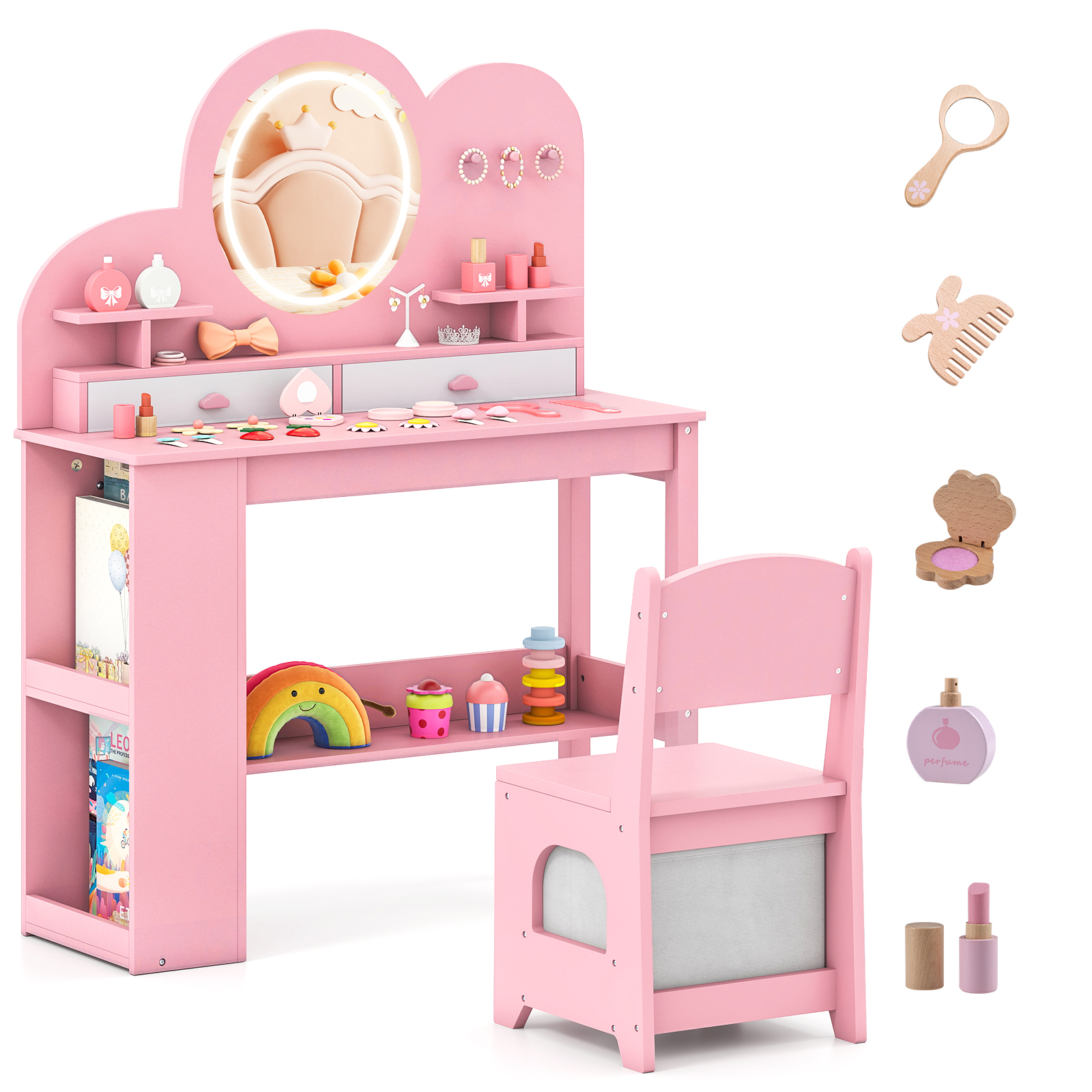 Kids Vanity, Princess Vanity Table & Chair Set With 2 Drawers & 2-tier Bookshelf, 3 Hooks & 2 Open Shelves, Makeup Dressing Table Set