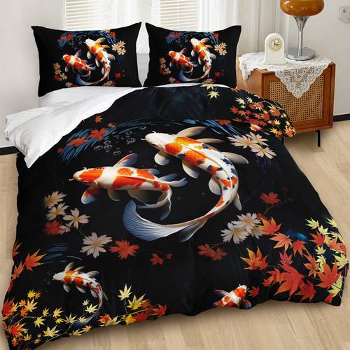3pcs koi fish 3 printed duvet cover set bedding set for black bedding for bedroom or decor polyester comforter cover gift 1 quilt cover 2 pillowcases