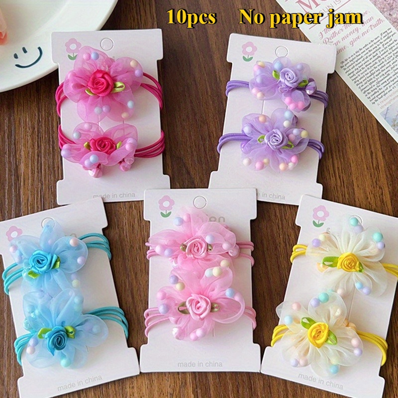 5pcs/10pcs Colorful Mesh Flower Elastic Cute Ponytail Hair Ties For Girls