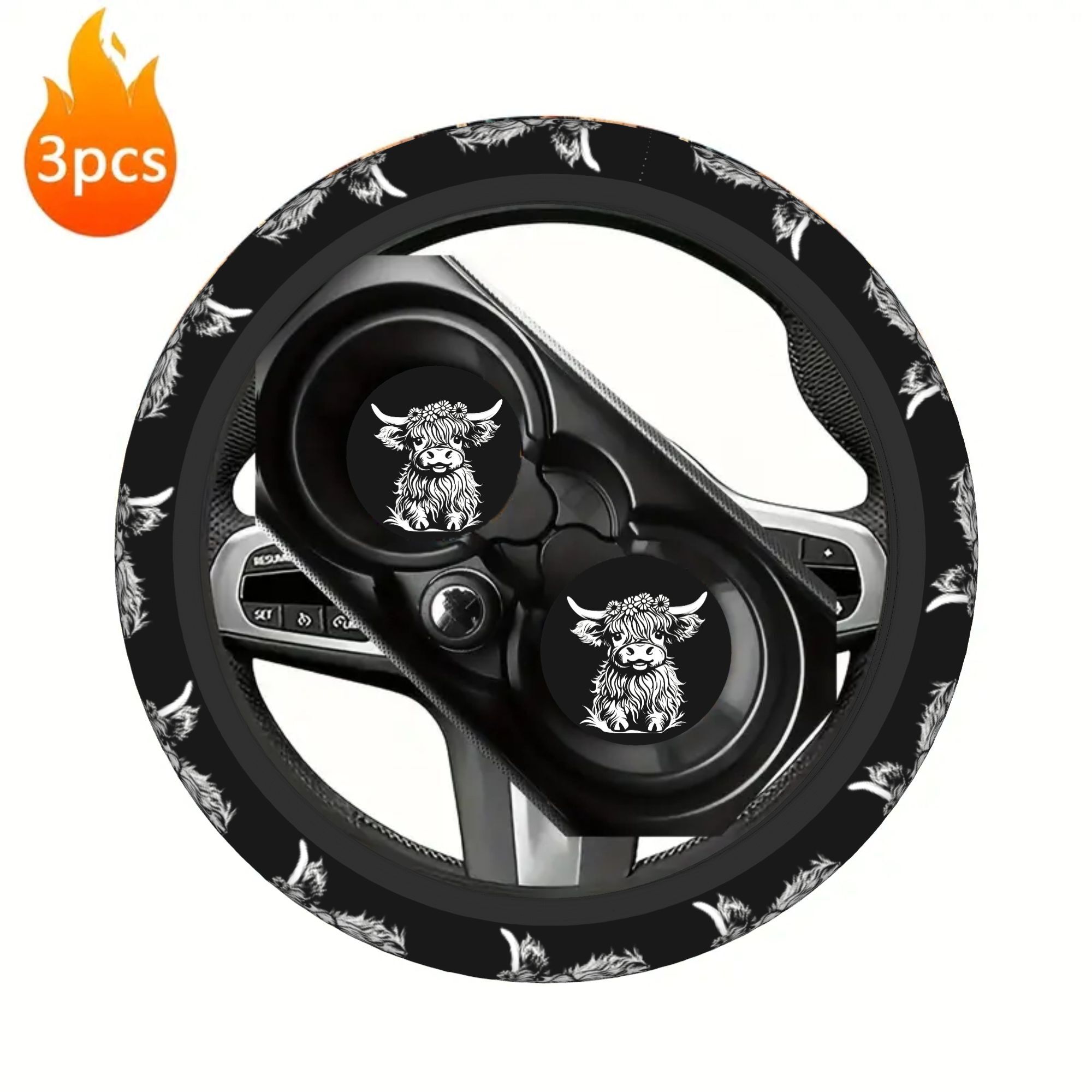 TEMU 3 pièces Ensemble Intérieur Voiture - Adapté à la Plupart des Véhicules, Inclut 1 Housse de Volant ( Anneau Intérieur) & 2 Sous-verres. Idéal