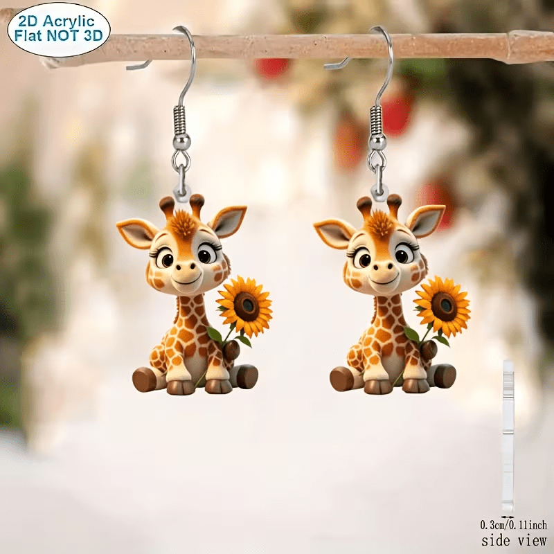 2d Flat - 2d Acrylic Cute Giraffe Holding Sunflower Pattern Earrings | Perfect Seasonal Fashion Pendant Gift Idea For Christmas, Valentine's Day, And Mother's Day, Copper Post, Plated K