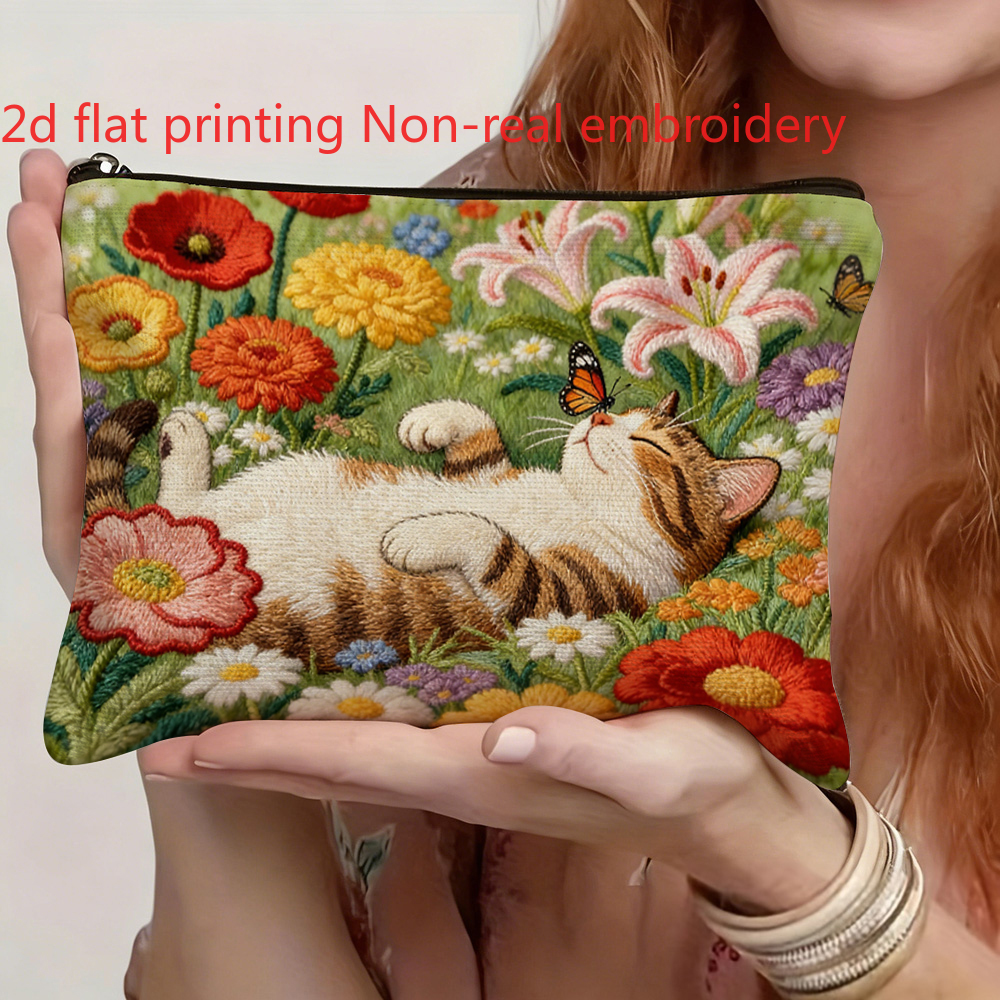 TEMU 2d Flat Printing - 1pc Of Spring And Summer Relaxed Cat And Flower Non-real Embroidery Makeup Bag, Very Suitable For Storing Cosmetics, Small