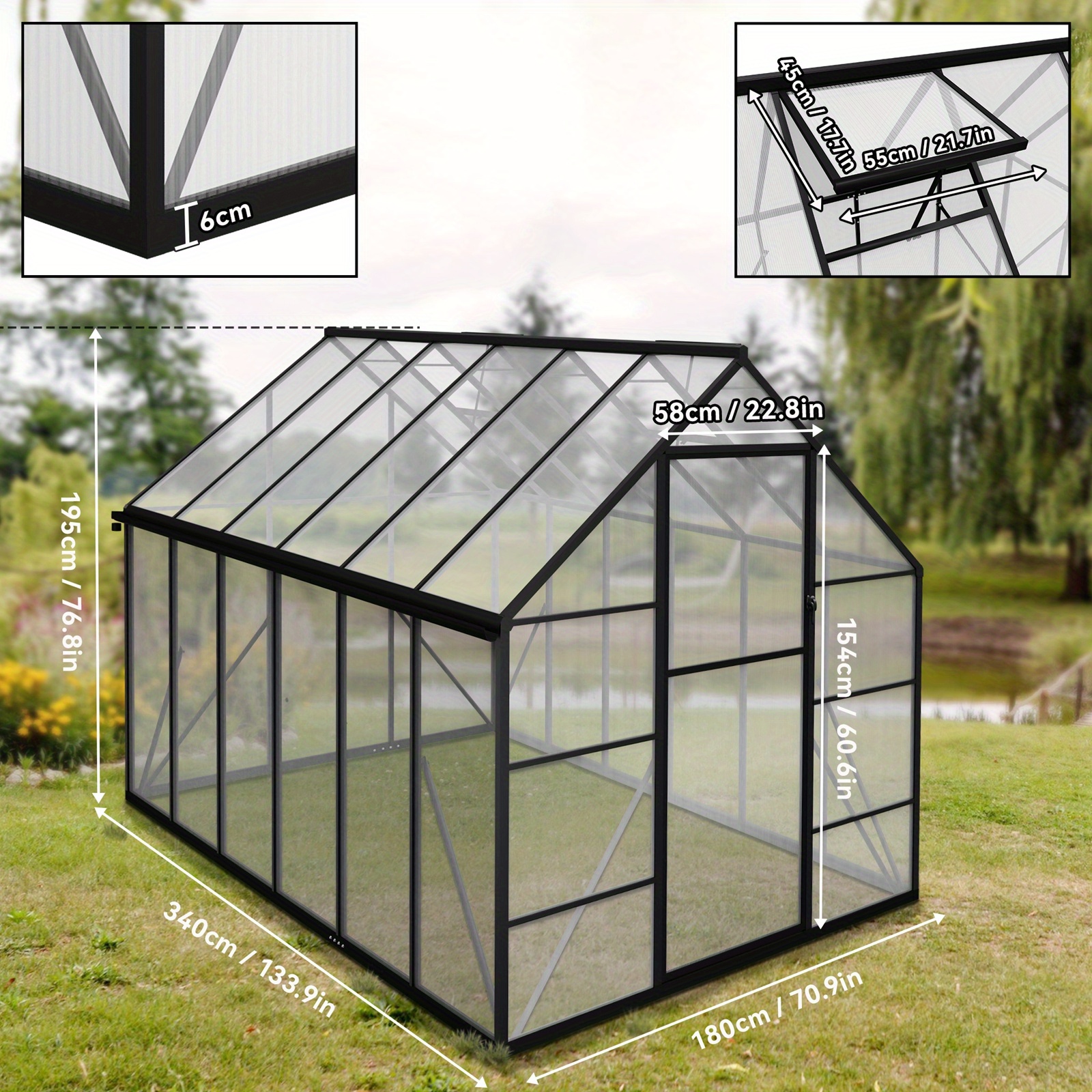 Image of Aluminum Frame Tomato And Vegetable With Walk-in Door Aluminum Greenhouse With Reinforced Foundation And Skylight 3. 4x1. 8m