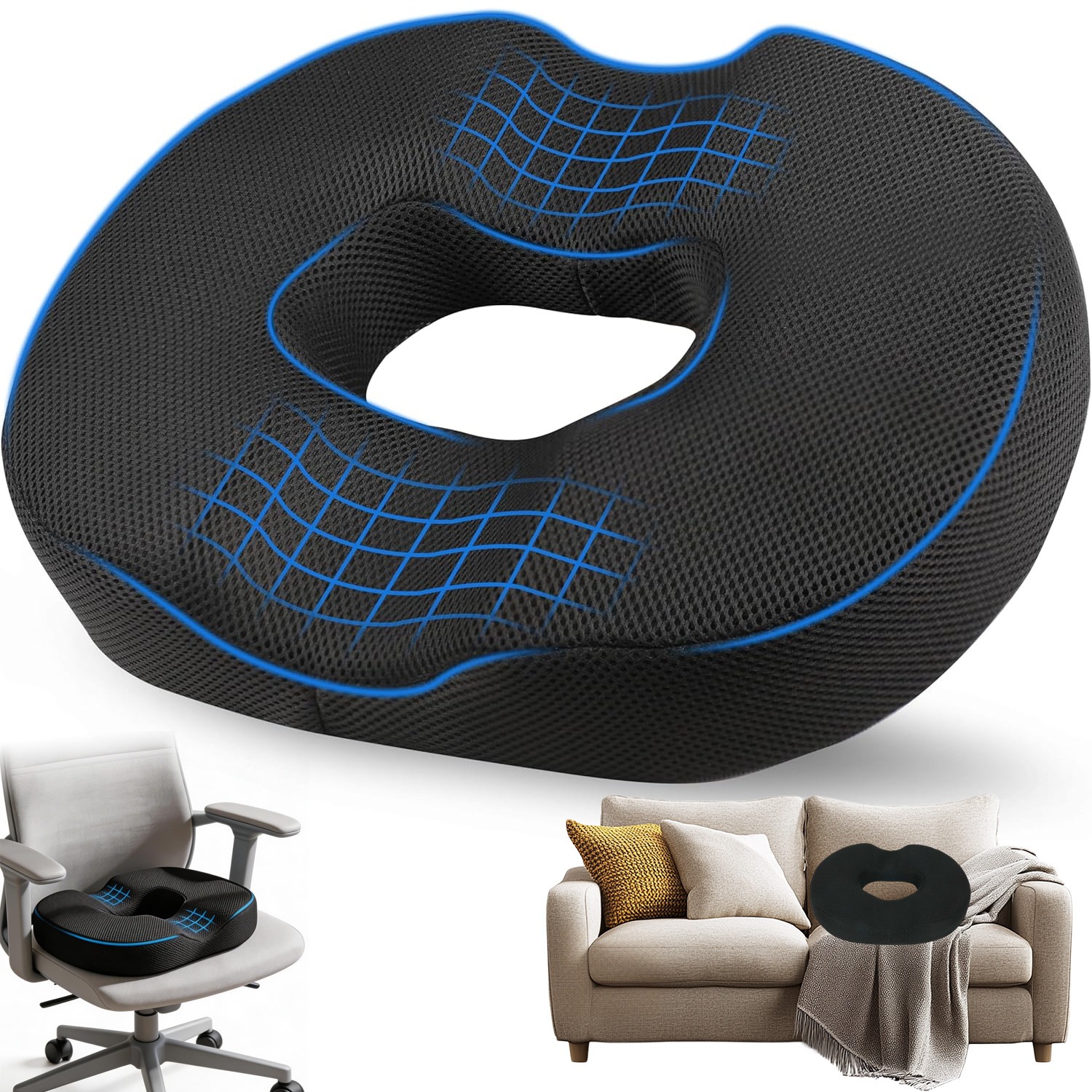 Image of Ergonomic Seat Cushion With Tailbone - Coccyx Pressure Relief Memory Foam Pad For Office Chair, Car Seat, Wheelchair, Orthopedic Support For Long Sitting, Ideal For Desk Work, Travel, Gaming