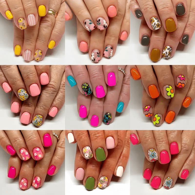 TEMU 216pcs (9pcs)spring Flower Pattern Patch Nail Set - Short Oval, Bright Surface Effect, Mixed Colors And Plant Patterns - Reusable Fake Nail Set, Easy Diy Nail Art