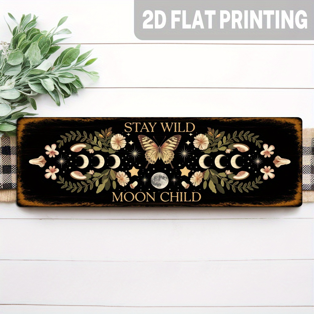 TEMU 2d Flat, 2d Flat , 1pc, Rustic Style "keep Child" Wooden Wall Decor - Bohemian Floral And Celestial Ornament, Art, Wood Hanging Sign, Suitable