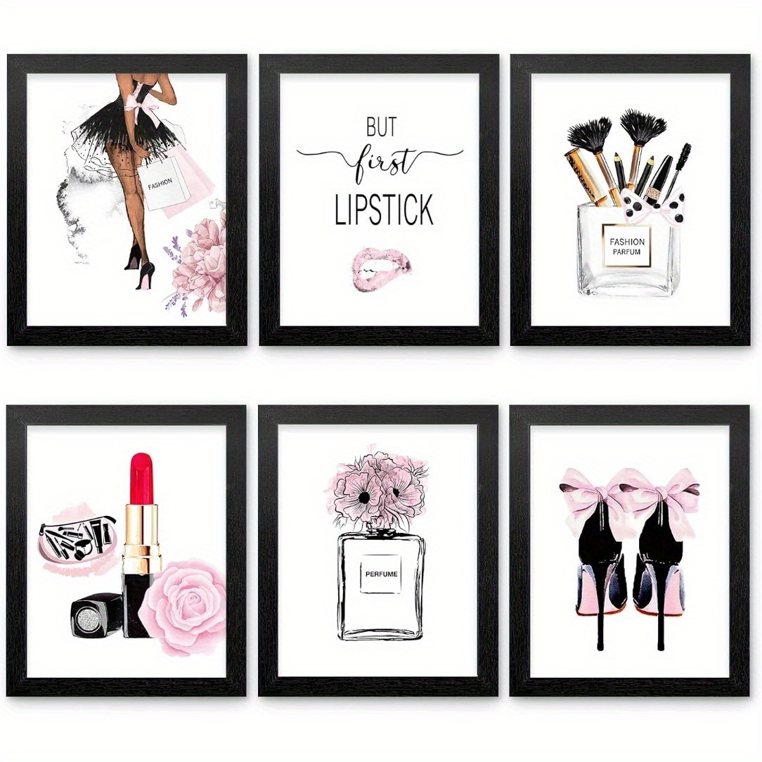 E-shop 2D Flat, 2D Flat, [2D Flat] 6 Stück (Ungestochen) Gerahmte Pinke Mode Wandkunst Drucke Make-up Kunst Bilder Wanddeko Druck Poster Moderne