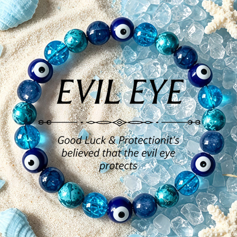 TEMU 1pc Bohemian Evil Eye Stretch Bracelet - Handmade Crackled Teal/dark Blue Beads With Traditional, Suitable For Beach Weddings, Daily Wear, Gift