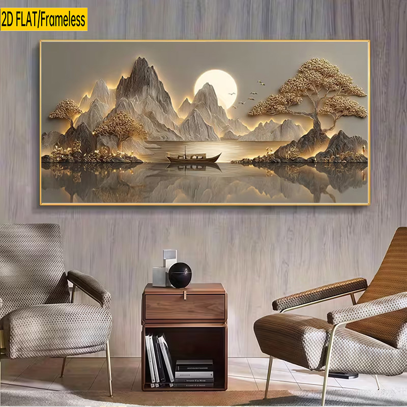 TEMU 2d Flat, 2d Flat, 1pc Unframed Canvas Art Print, Home Decoration Wall Artwork - Golden Mountain And Boat, Chinese Landscape Style, Halloween