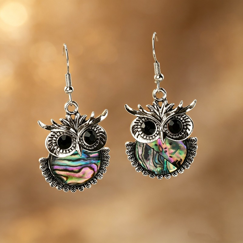 Bohemian Owl & Elephant Abalone Shell Earrings, Ethnic Style
