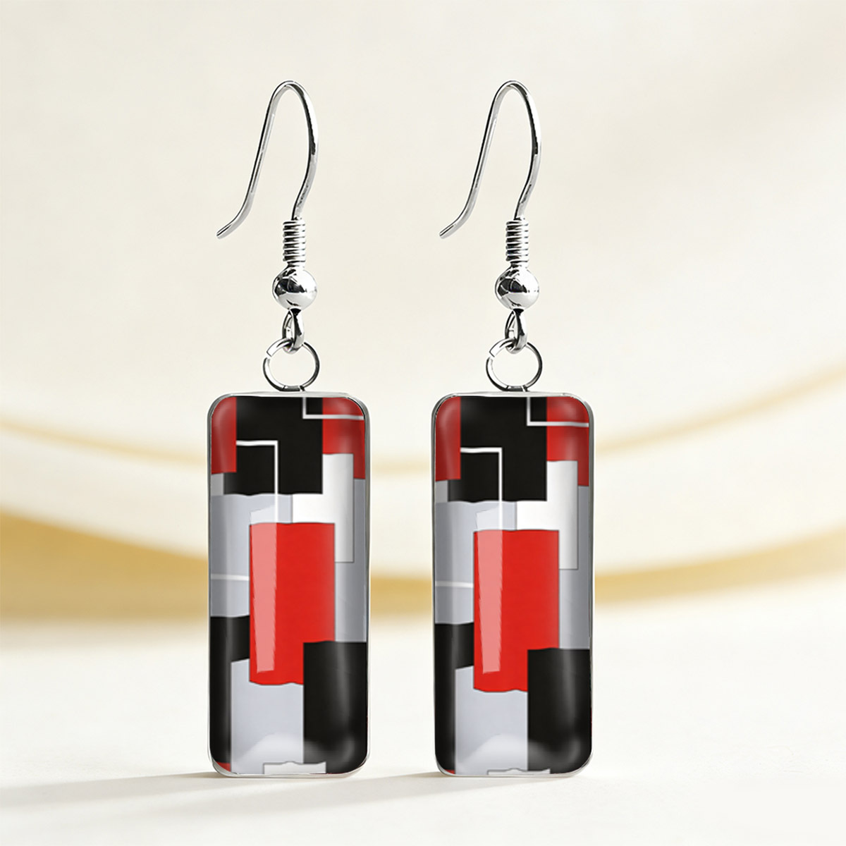 TEMU 1 paire de boucles d'oreilles rectangulaires classiques à imprimé blocs géométriques rouges, noirs et blancs, style minimaliste pour tenue