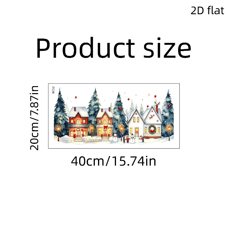 TEMU Autocollant de fenêtre 1pc Village d'hiver aquarelle confortable, Décalcomanie de fenêtre, Maison enneigée, Arbre de pin, Lampadaire de rue,