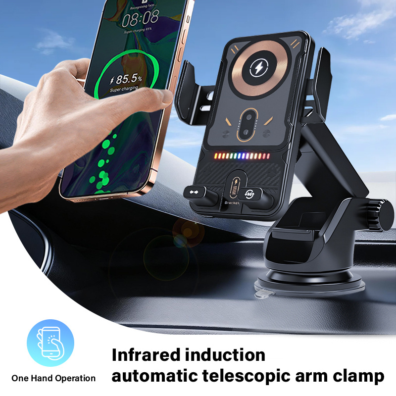 E-shop 15W Auto-Klemmender Kabelloser Autoladegerät mit 90° Drehung, Kompatibel mit Armaturenbrett & Lüftungshalterung, Schnellladung für iPhone &