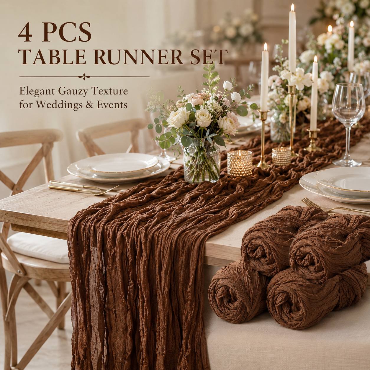 TEMU 4pcs Set Of Elegant Caramel Coffee-colored Bohemian Style Gauze Table Runners, Rectangular Pleated Table Runners, For Scenes, Hand Washable And