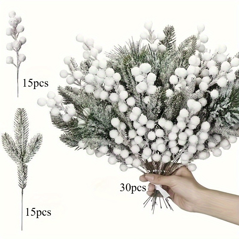 30pcs Realistic Fake Berries & Cedar Branches With Ice Caps - Plastic Suitable For Diy Wreaths, Christmas Tree Decorations, /outdoor Holiday Decor - & Cedar Branch Stems