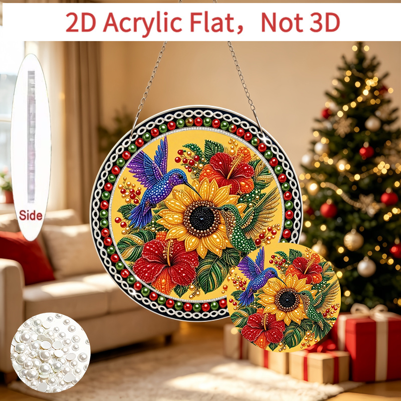 Vivid Floral and Hummingbird Acrylic Pendant, Decorative Ornament