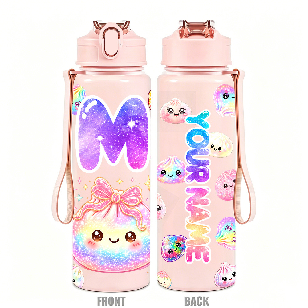 TEMU 1pc, 'custom Kawaii Glitter Dumpling Design - Personalized Plastic Water Bottle With Cute Face Print, 25oz/750ml, Leakproof 25oz Travel Mug,