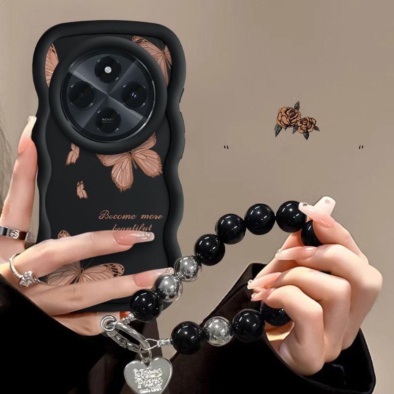 TEMU Phone Case - A Stylish Lanyard Design Featuring A With Silver And Black Beads, Perfect For Redmi 14c 4g Case. It Offers A Comfortable End And Is