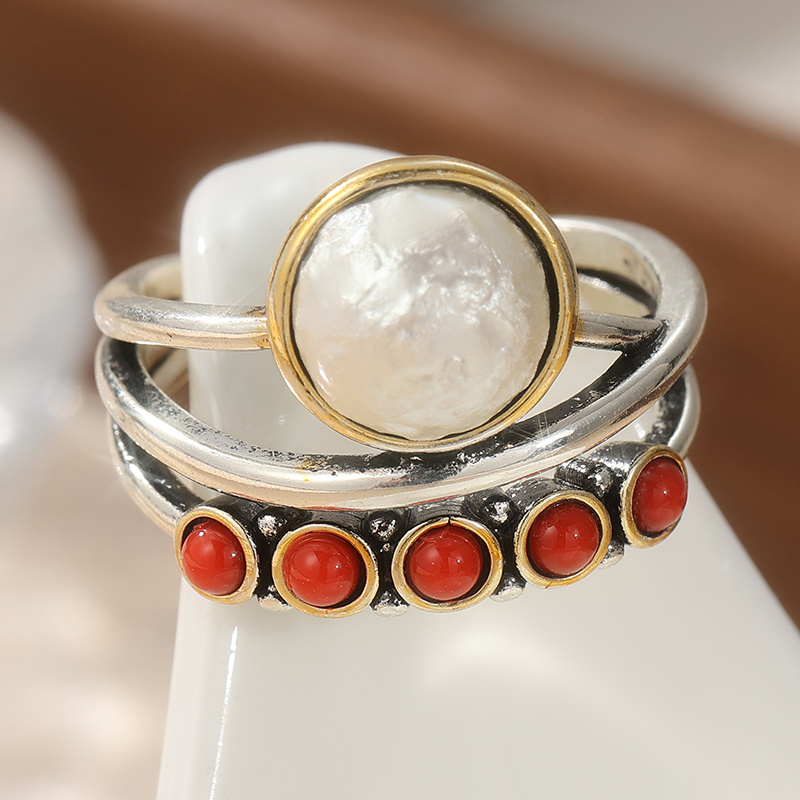 Vintage Red & White Round Bead Copper Ring, Elegant Multi Circle Design