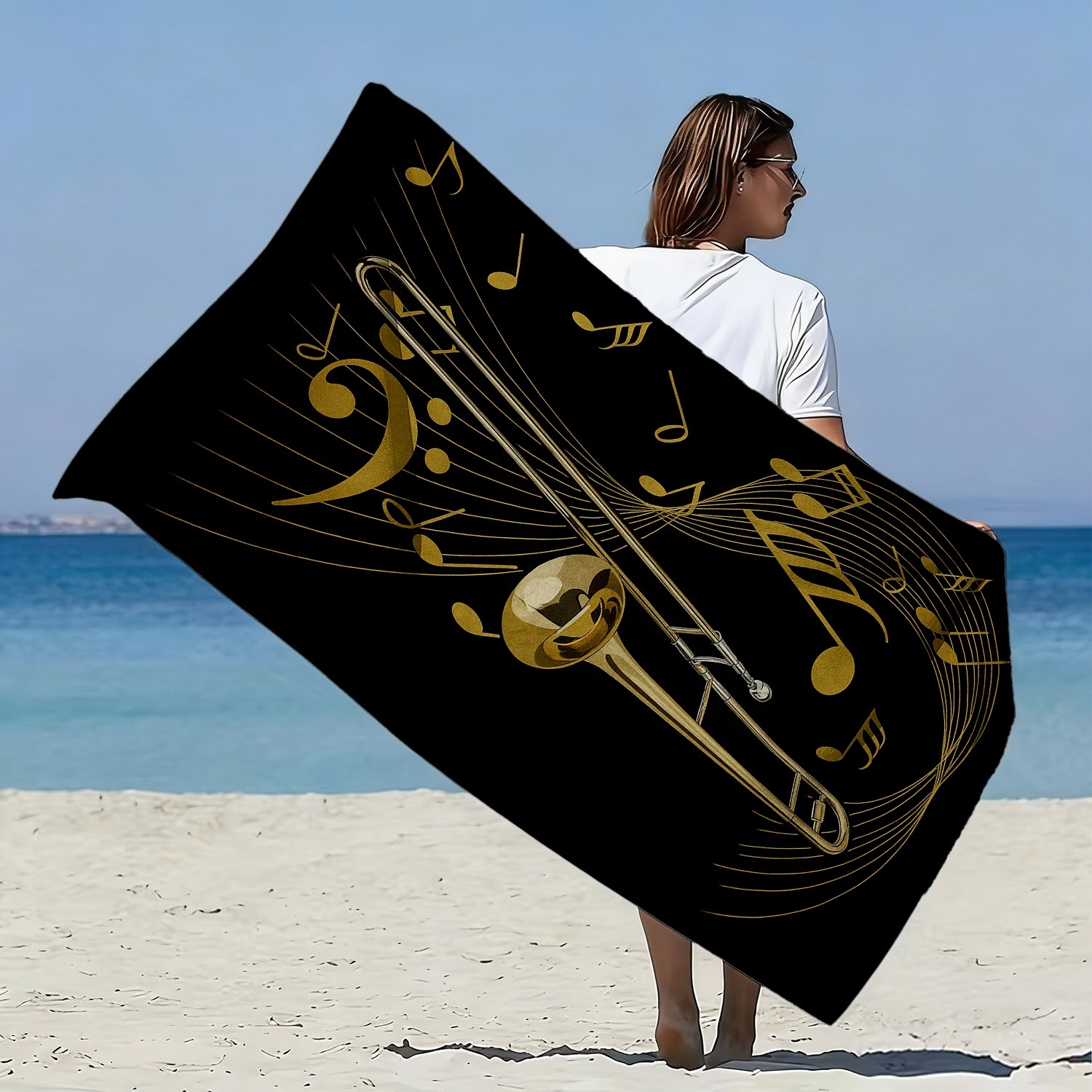 TEMU 1pc, Golden Trombone And Music Note Style Oversized Soft Beach Towel, Music-themed Printed Pattern, Microfiber Bath Towel, Quick-drying, Super