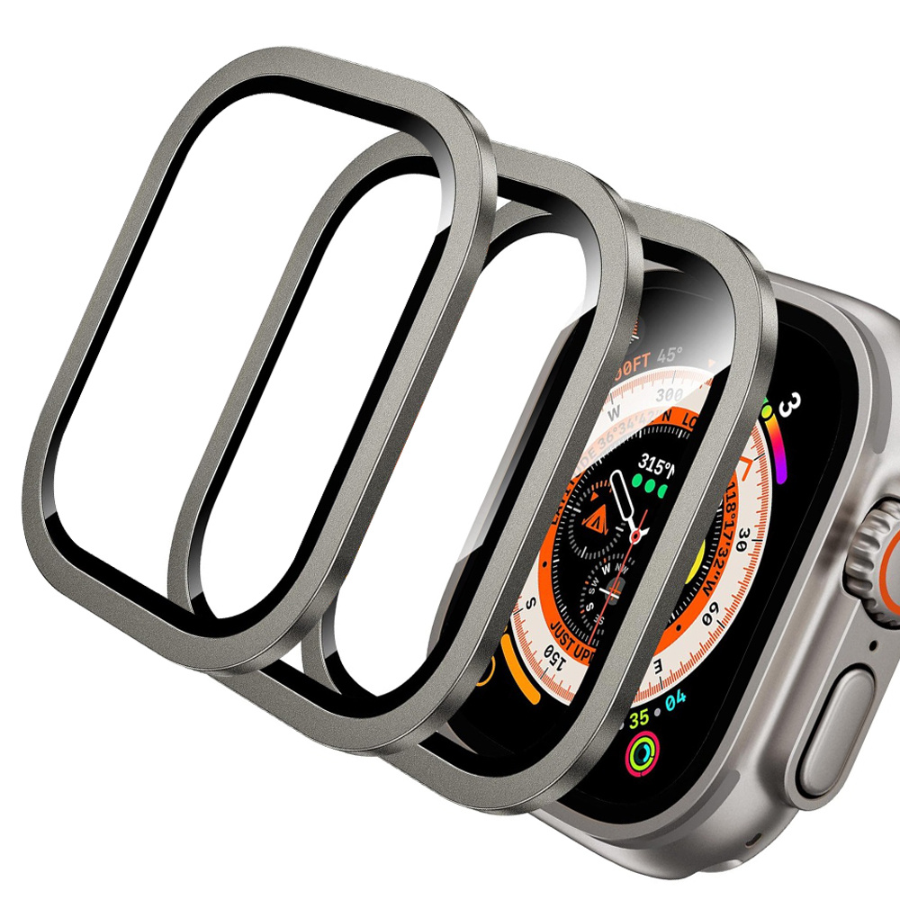 E-shop 3 Stück Modische Uhrenschutzfolie, 9H Gehärtetes Glas + Titanlegierungsrahmen, [Originaler Look] [Touch-], Passend für Apple Watch Ultra Ultra3