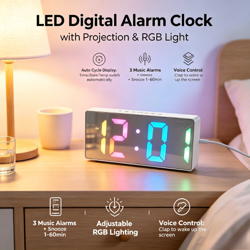 TEMU Led Alarm Clock, Colorful Clock With Voice Sensor, Multi Alarms Function, Auto Cycle Time Temp Date Display, Abs Desktop Clock For Bedroom,