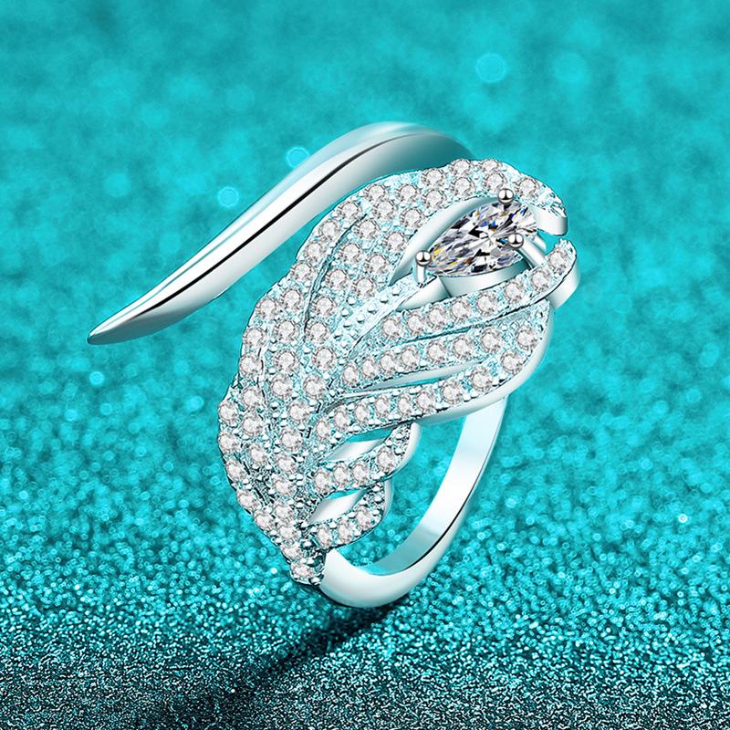 S925 Moissanite Plantain Leaf Feather Open Ring, Casual Wear