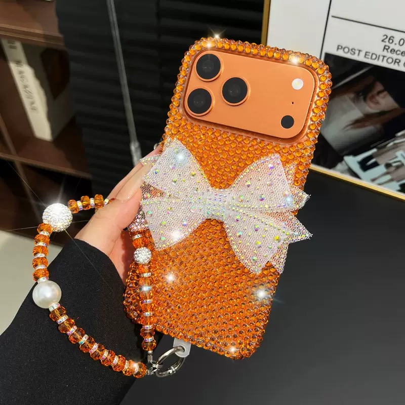 TEMU Étui de téléphone : Étui à chaîne en cristal avec nœud à strass scintillants, compatible avec for Z /6/5/4/3, étui de intégrale -chute à strass