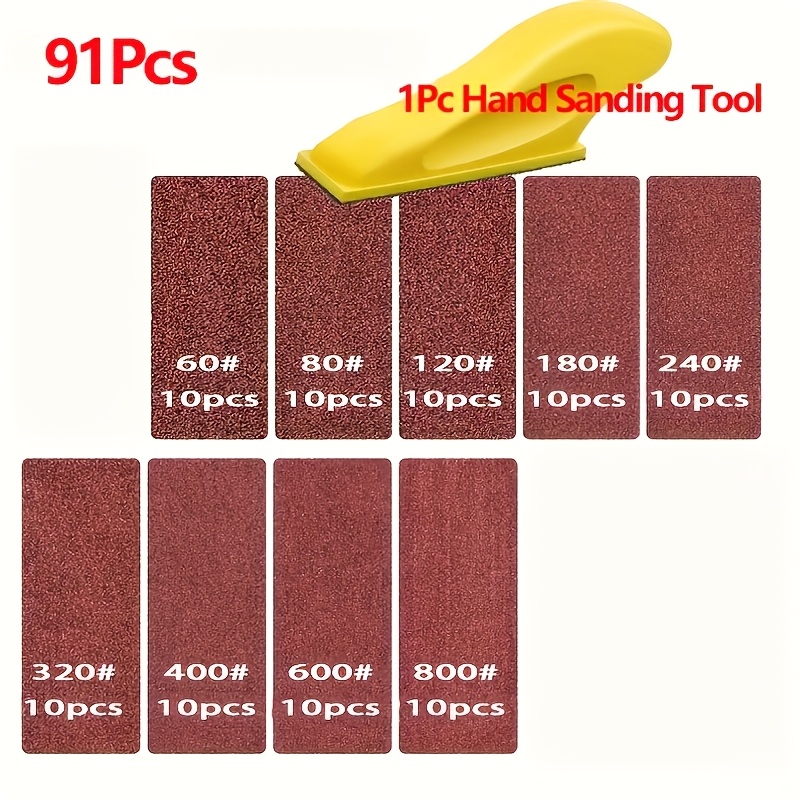 TEMU 91pcs Mini Sanding Block Set, 8.89cm X 2.54cm, Oxide Wet/dry Sandpaper, 60-800 Grit, Backing, For Hand-held Wood And Metal Projects, Making,