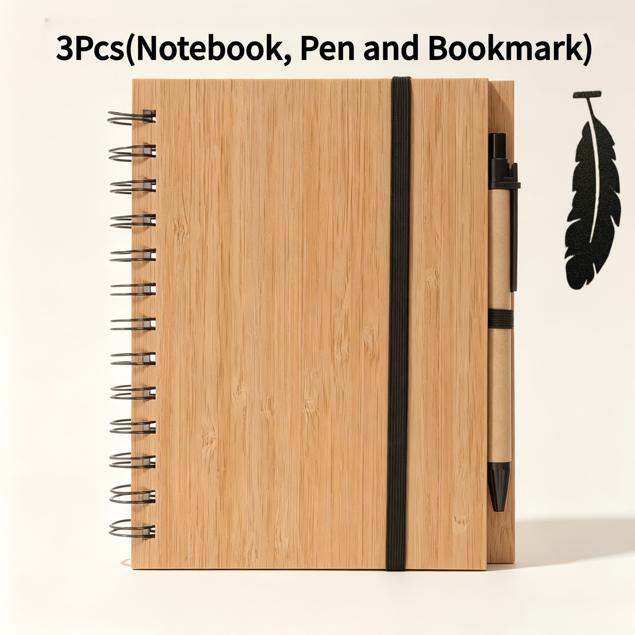 TEMU Bamboo Texture Cover Notebook Set - Includes 1pc B6 Coil Notebook And 1pc Pen With 1pc Bookmark, Paper Pen Case, Elastic Band Hardcover Journal,