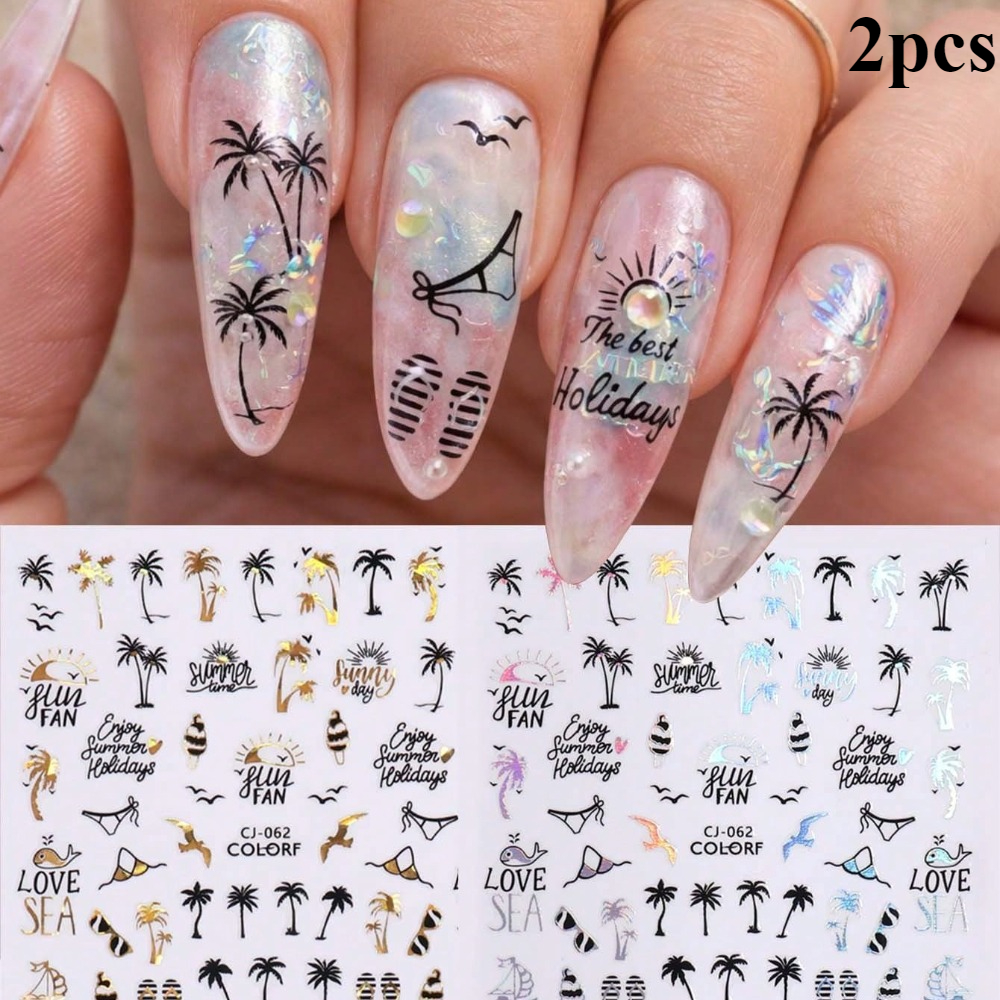2pcs Summer Coconut Tree Nail Stickers, Tree & Seagull Black Laser Silver Design, Leaf, Ocean, Beach Nail Art Decals, Diy Charm Decorative Self-adhesive Nail Supplies
